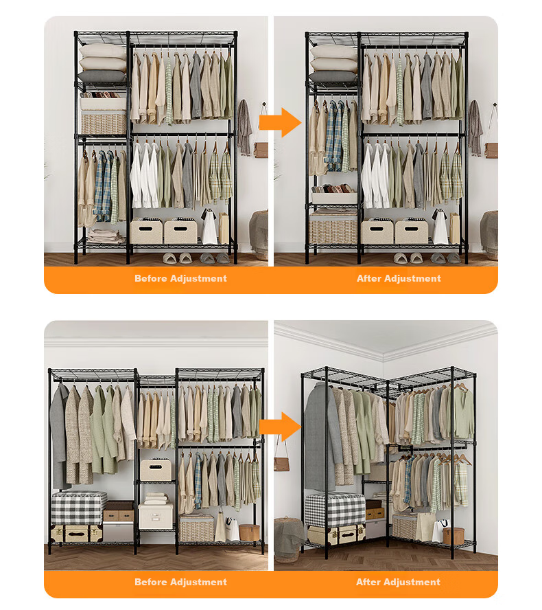 Chuanjing Floor-Standing Clothes Rack, Bedroom Metal Wardrobe Steel Frame, Double-Layer Home Coat Closet Combination Rack, Steel Shelf-Style Wardrobe 9