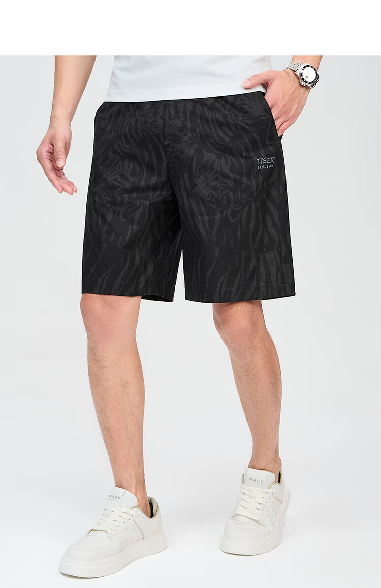 DANCING WOLVES [Tiger Pattern All Over] Summer Trendy Versatile Loose Men's Casual Shorts, 001 Black, Size 35 7