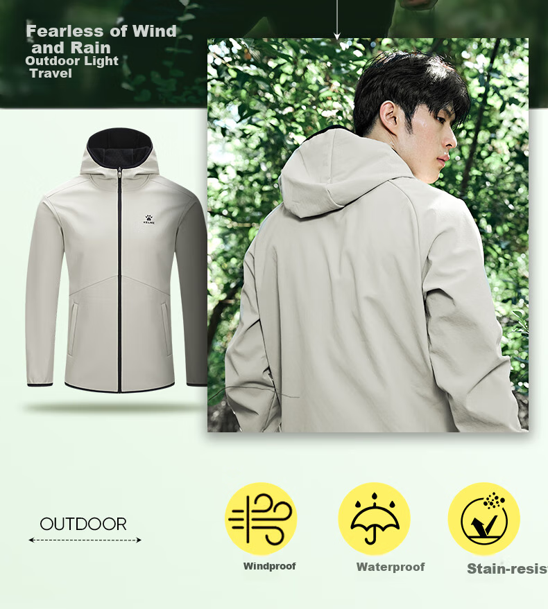 KELME YingSha Sports Windbreaker Woven Jacket Men's Winter Windproof Waterproof Hooded Fleece Lined Jacket Light Gray L 2