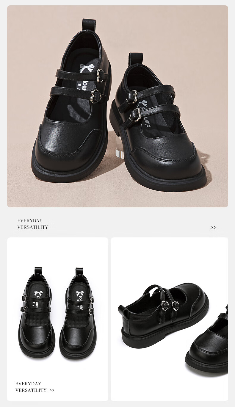 Follow Me Girls' Leather Shoes Spring Autumn Soft Sole Genuine Leather School Performance Princess Shoes Black Size 27 6