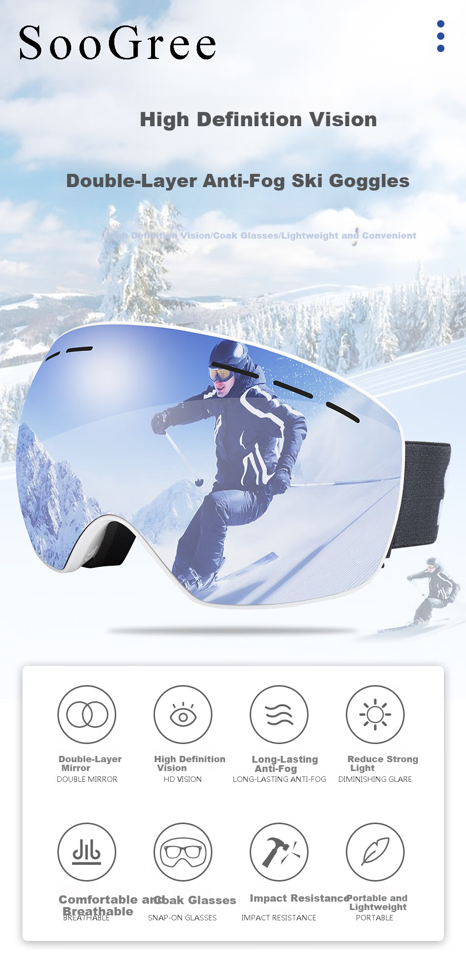 SooGree Ski Goggles for Adults, Anti-Fog Ski Glasses for Men And Women, Double-Layer Wearable with Prescription Lenses, Skiing Equipment for Mountaineering 1