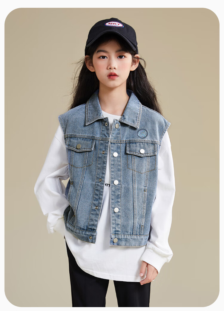 QQ DUCK Children's Denim Vest Girls' Sleeveless Jacket Youth Clothing Classic Vest Navy Blue; 165 17