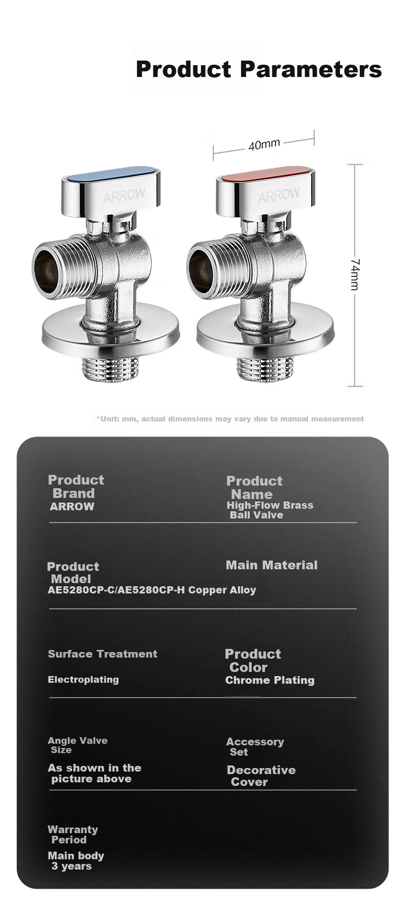 ARROW Brass Thickened Angle Valve, Explosion-Proof, for Cold And Hot Water, Copper Alloy Single Cold Outlet Ball Valve (Blue) AE5280CP-C 2