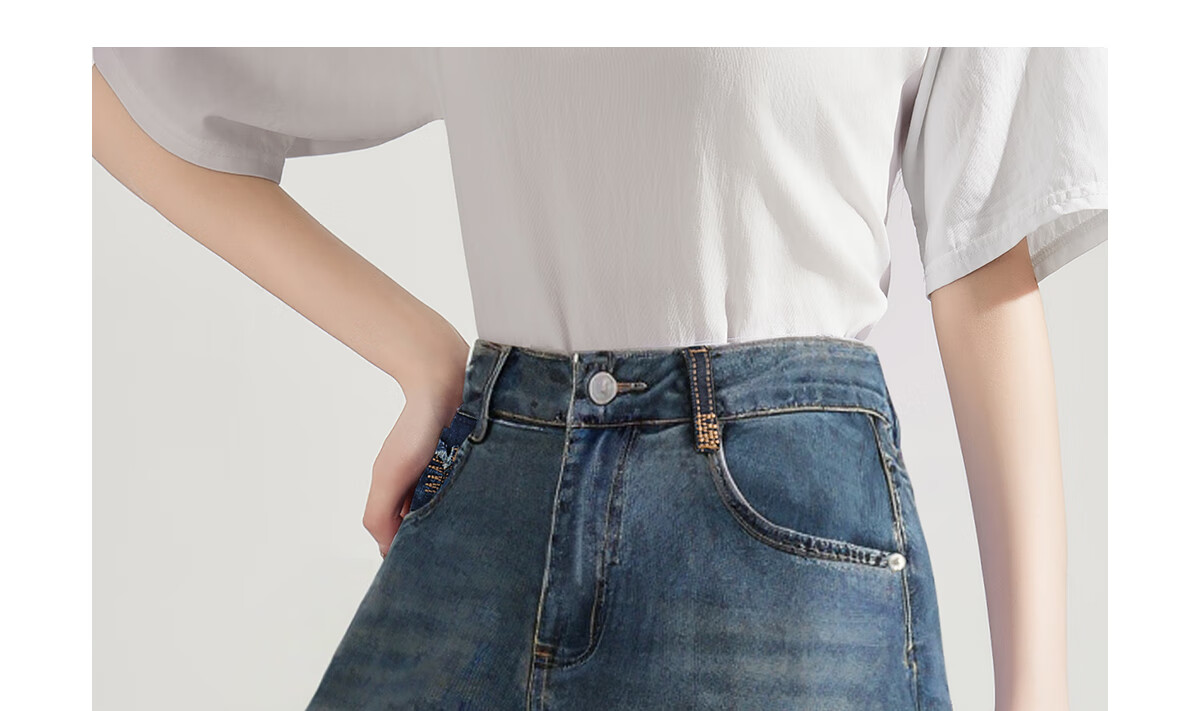 Halo Queen Women's Denim Shorts, Summer A-Line, Contrasting Colors, Slimming, Retro Hot Pants, High-Waisted, Leg-Lengthening, H52N030 41