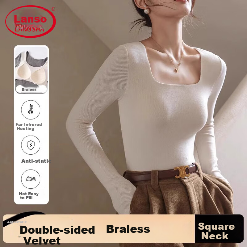 LangSha Women's Base Layer Top, Fall/Winter New Arrival, No Bra Needed, Thickened Fleece, Square Neckline, Slim Fit, Long Sleeves, Warm Outerwear
