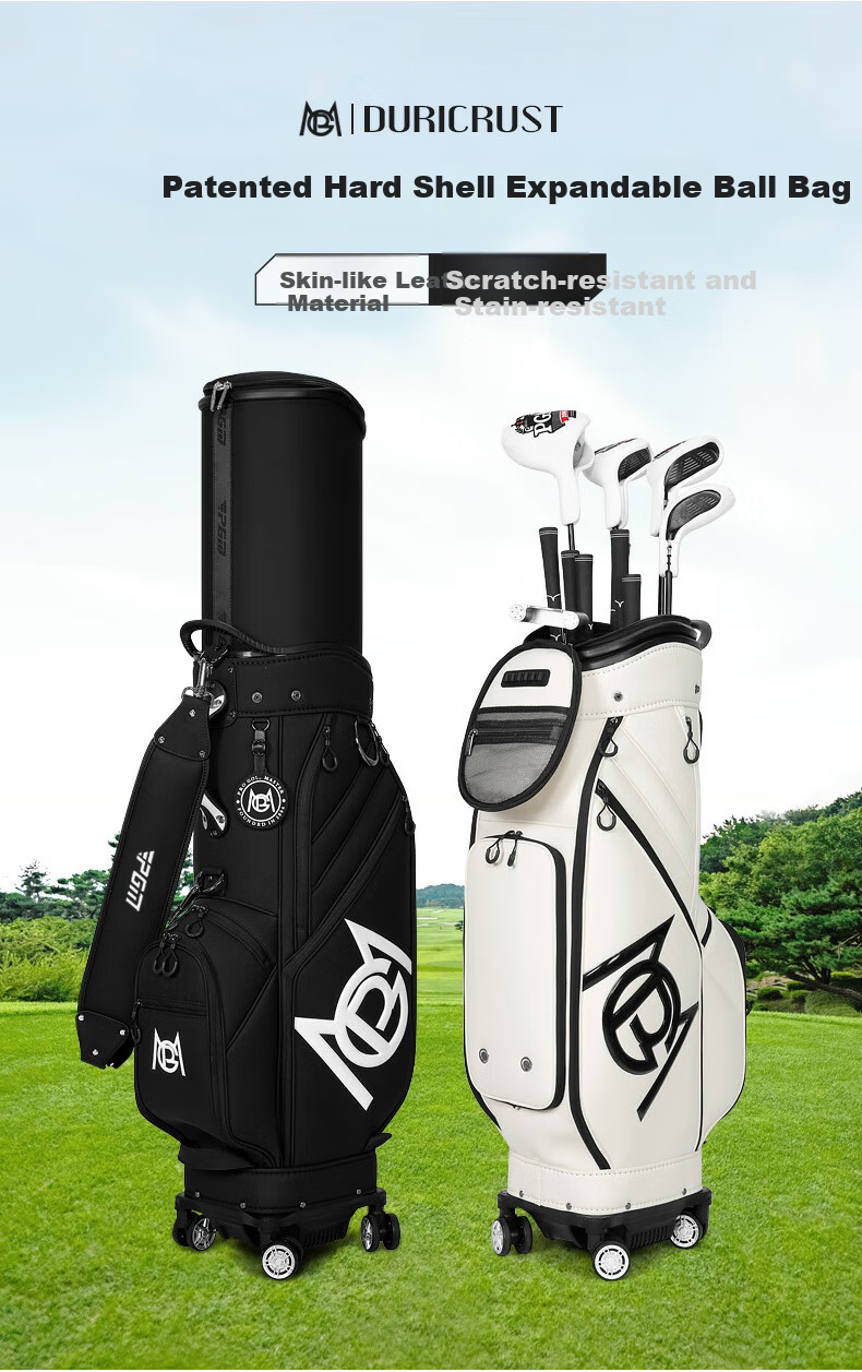 PGM Golf Bag, Hard Shell Expandable Bag, Four-Wheel Flat Push, Airline Carry-On, Reversing Golf Clubs, Soft Leather, Off-White Color 2