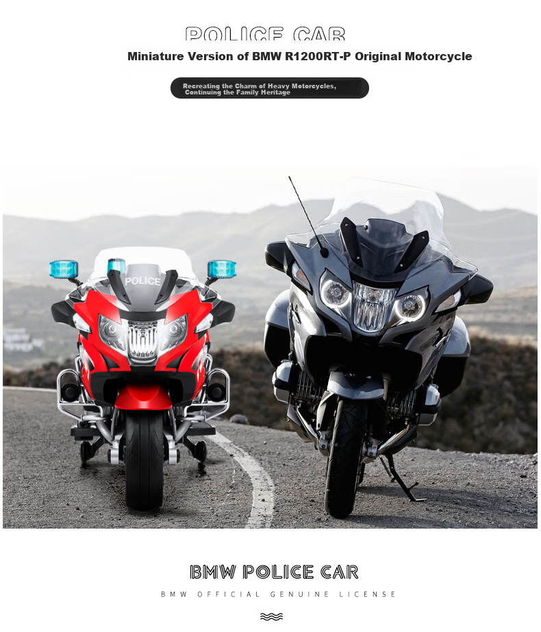 CHILOKBO BMW Children's Electric Motorcycle, Two-Wheel Extra-Large Rideable, Double-Person Kids' Toy Police Car, Birthday Gift, Soft Wheels 1