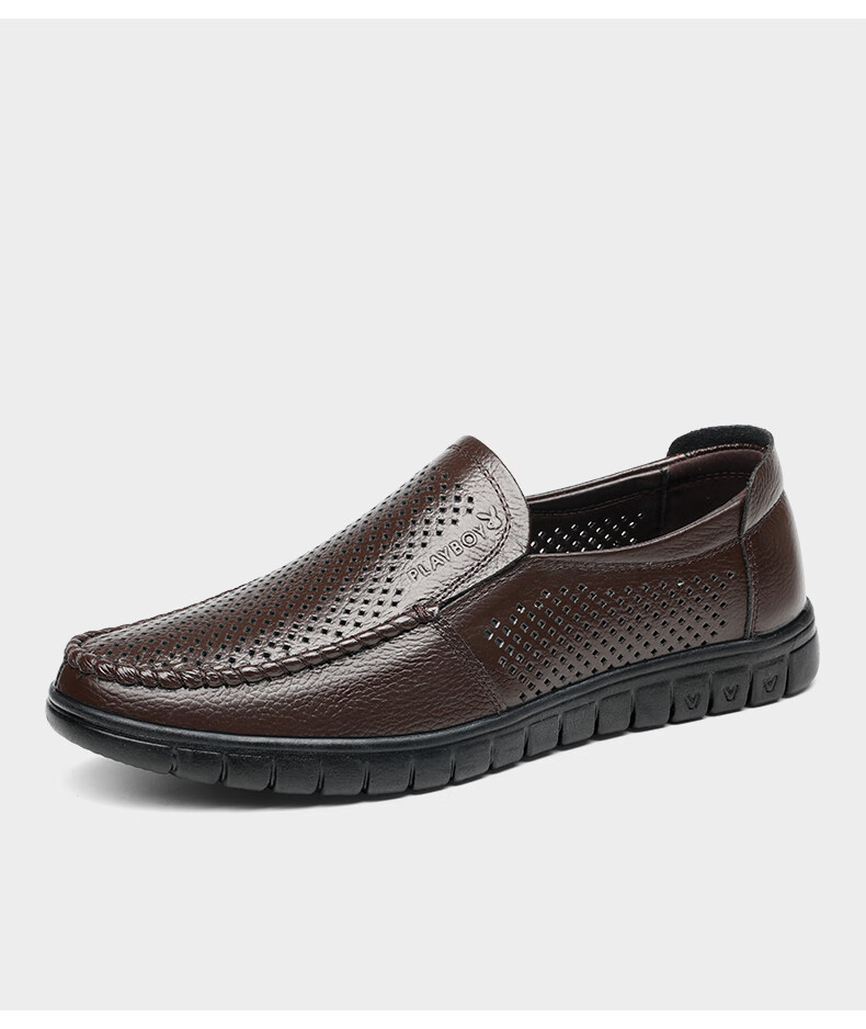 PLAYBOY Men's Summer Hollow Breathable Soft Leather Slip-On Business Casual Shoes Dark Brown Size 45 15