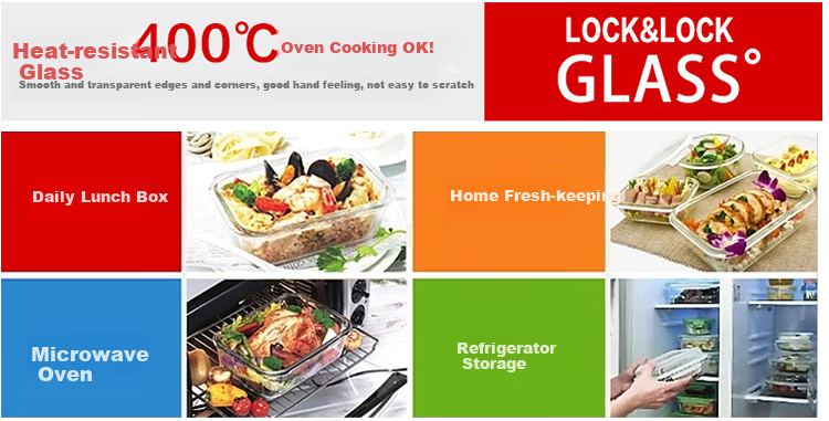 LOCK&LOCK Heat-Resistant Glass Food Storage Containers Set of Three: Sealed Lunch Boxes with Bento Box, Meal Containers And Lunch Bag 1000+750+300ML 3