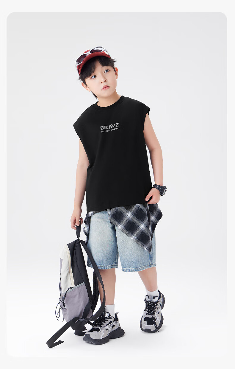 Zuo Xi Boys' Pure Cotton Vest Children's Summer T-Shirt 2026 New Boys' Sleeveless Top Base Shirt Black 130 23