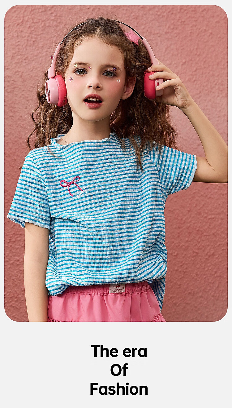 ASK JUNIOR Striped Contrast Color Children's Short-Sleeve T-Shirt, Summer Lightweight Breathable Girls' Butterfly Bow Half-Sleeve Tee, Blue, Size 120 5