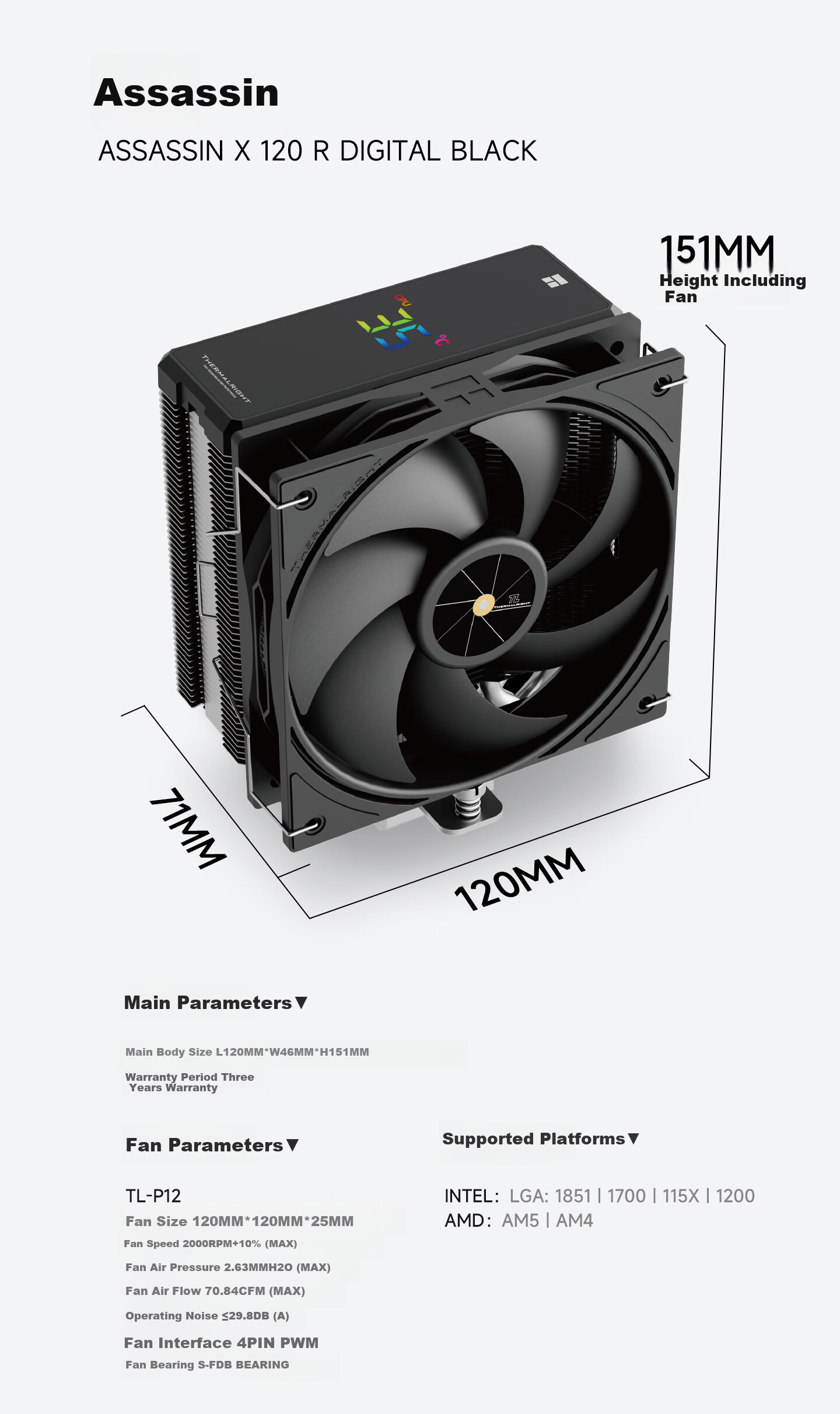 Thermalright Assassin X 120 R DIGITAL BLACK Four Heat Pipe CPU Air Cooler with Digital Display AX120 R DIGITAL BLACK 8