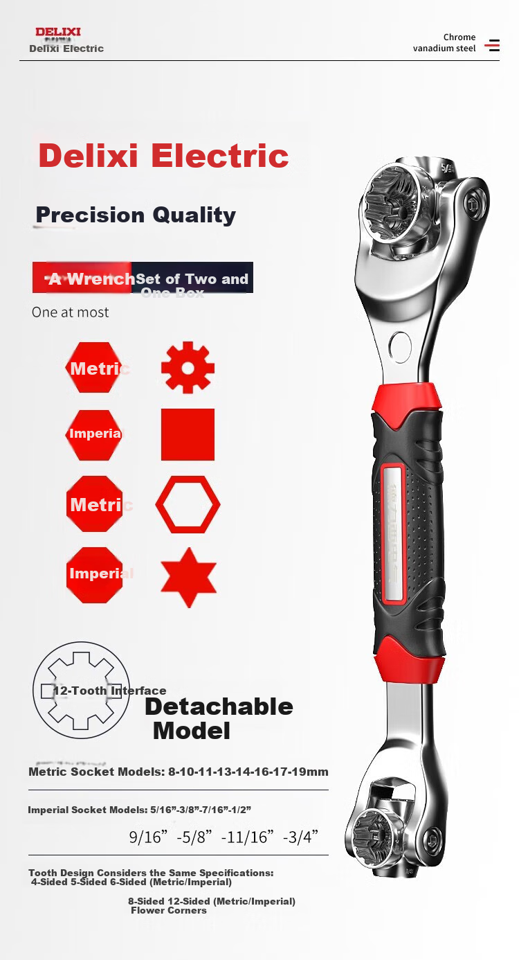 DELIXI ELECTRIC Multi-Purpose Socket Wrench, Versatile Dog Bone Wrench [Non-Magnetic Black Warrior], Hexagonal 8-22mm 8-I 3