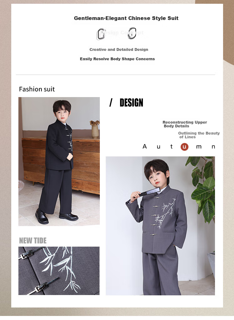 LUOBOBEIBEI Boys' New Chinese-Style Formal Wear, Ethnic Style Jacket, Children's National Style Tang Suit Performance Costume, Black Two-Piece Set, Size 140 4