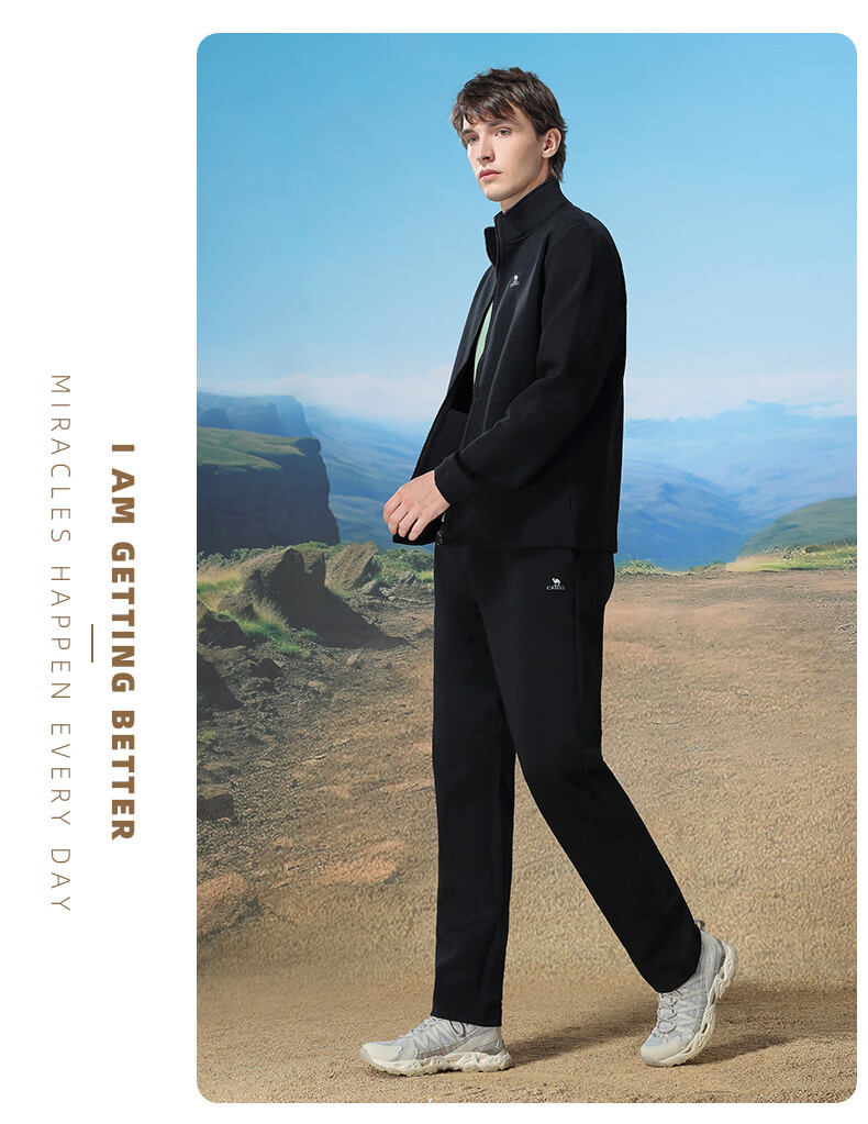 CAMEL Men's Casual Running Jacket with Stand Collar Long Sleeve Two-Piece Sports Set Y14CY0L2614 Phantom Black L 17
