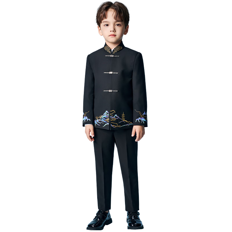 Romon Boys' Zhongshan Suit Set Traditional Chinese Style New Chinese Style Children's Host Performance Suit Black 170