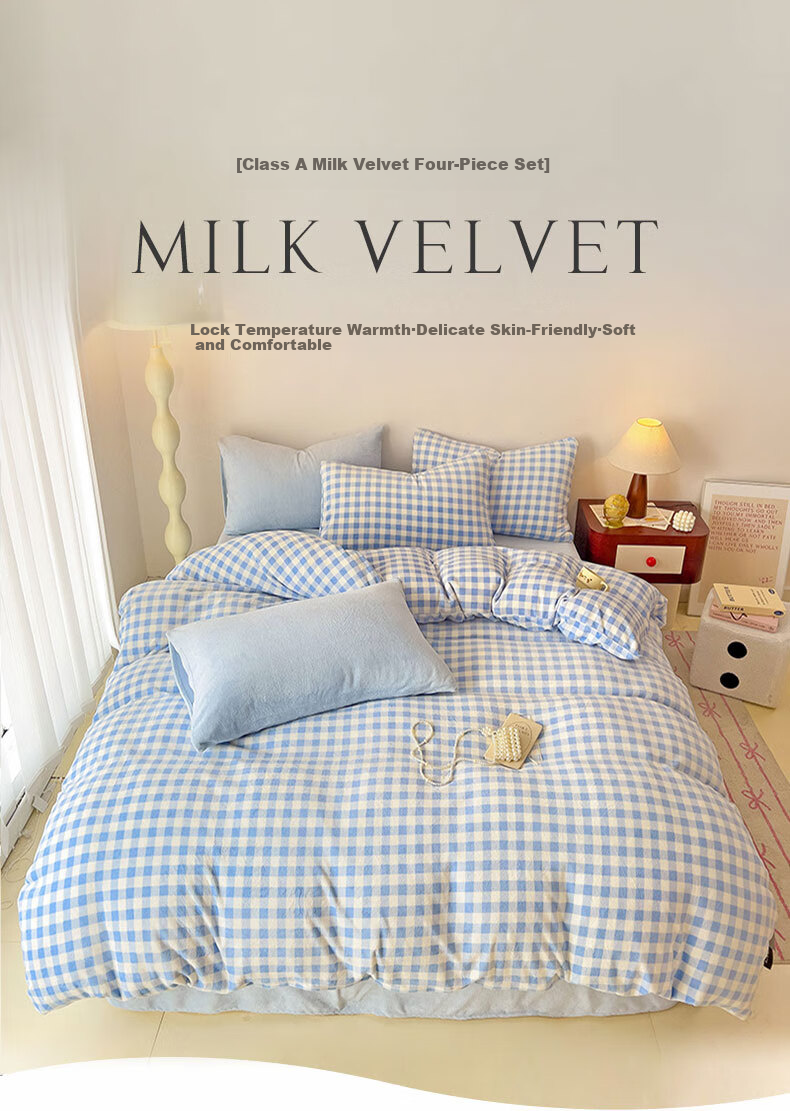 Grace Class A Milk Velvet Four-Piece Bedding Set, Autumn And Winter Double-Sided Warm Fleece Bedding Set, for 1.5/1.8 Meter Beds, Blue Plaid - Light Blue 1