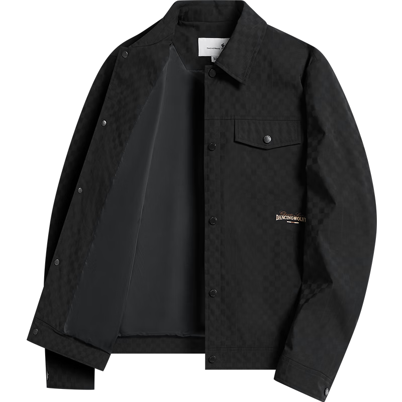 DANCING WOLVES [Trendy Checkered] Lapel Workwear Style Jacket, Easy-Care Men's Jacket, 001 Black, XL(180)