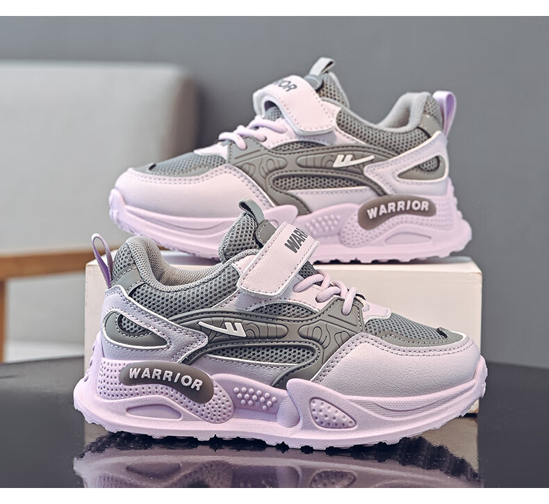 Warrior Children's Shoes Spring And Autumn Girls' Sneakers Breathable Mesh Running Shoes for Kids WZ(CL)-0676 Gray/Purple 30 4