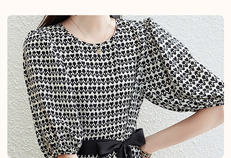 DME Floral Tie-Waist Flared Skirt New Round Neck Waist-Cinching Puff Sleeve Mid-Length Dress for Women Black XL 3