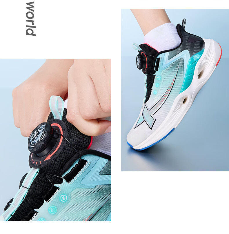 XTEP Kids Boys Mesh Breathable Lightweight Non-slip Rotating Buckle Running Shoes White/Black/Tranquil Blue Size 40 33