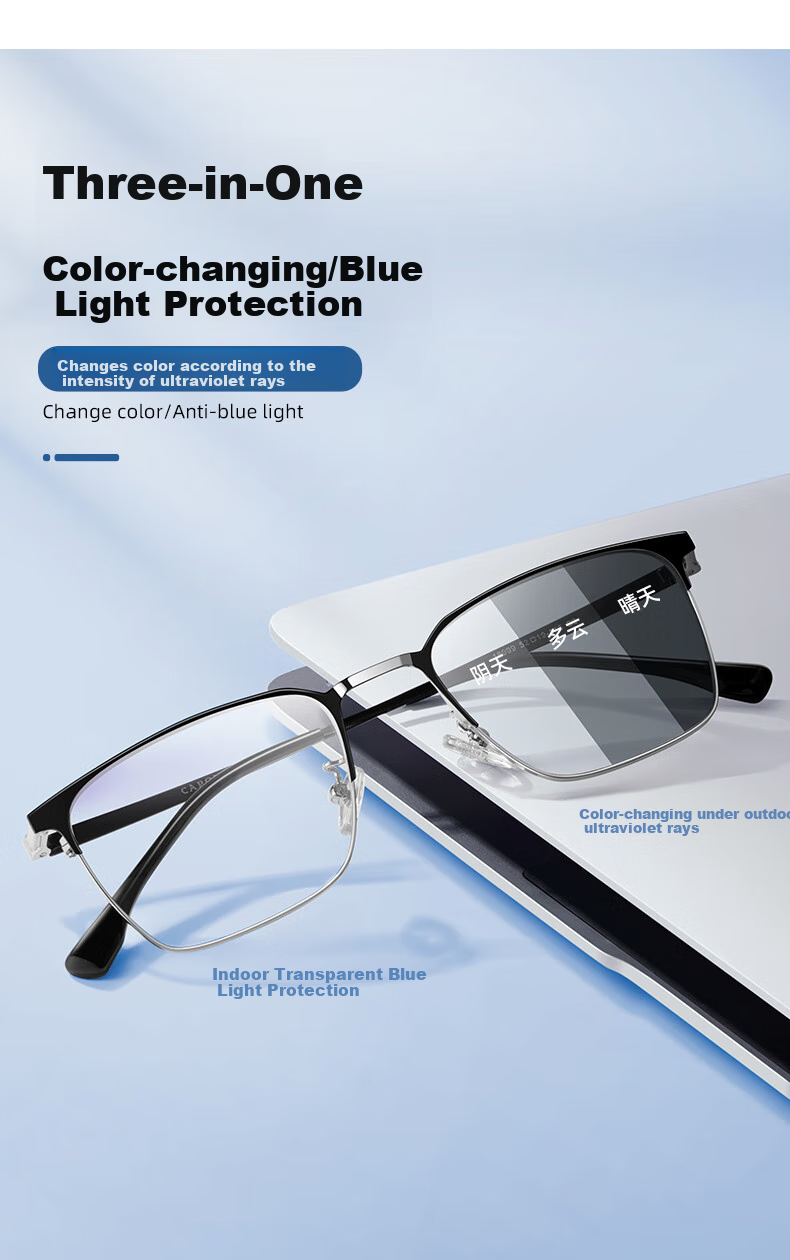 Jiaboli Color-Changing Anti-Blue Light Glasses for Men, Pure Titanium Browline Frame, Anti-Radiation, Non-Prescription, for Mobile Phones And Computers, Myopia Protection Goggles 2