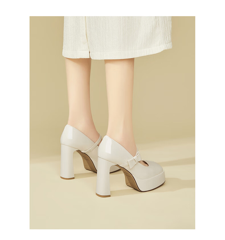 DAPHNE Wedding High Heels for Petite Women Fashionable Chunky Heel Mary Jane Leather Shoes Beige Size 34 10