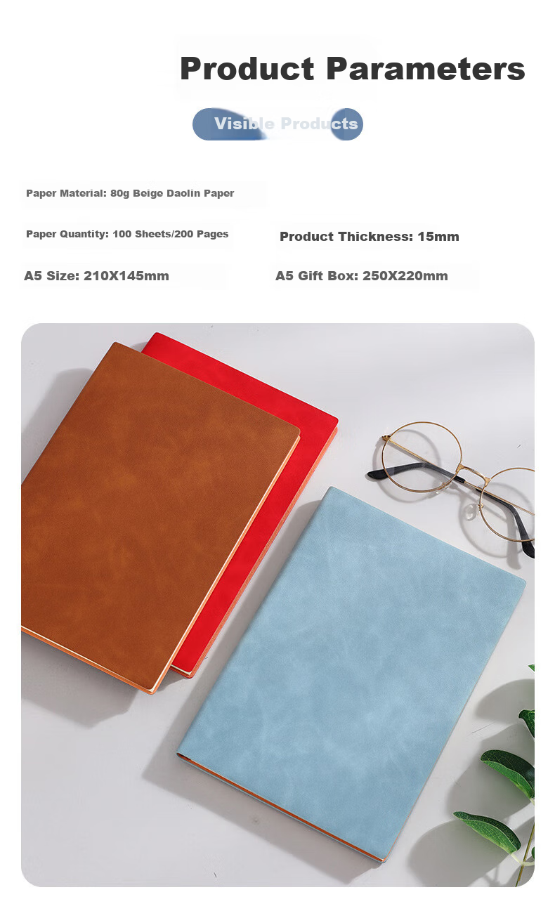 Siyicai A5 Business Notebook, Skin-Like Leather Cover Journal, Vintage Notebook, Student Diary, Office Soft Cover Notepad, 100 Sheets/200 Pages - Bright Red 2