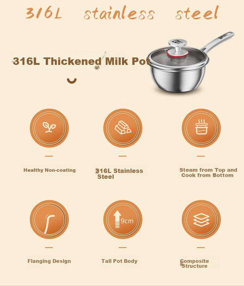 Kobach Non-Stick Milk Pot, Thickened 316L Stainless Steel, Uncoated Baby Food Pot, Three-Layer Composite Bottom, Suitable for Stove And Oven, 16cm 2
