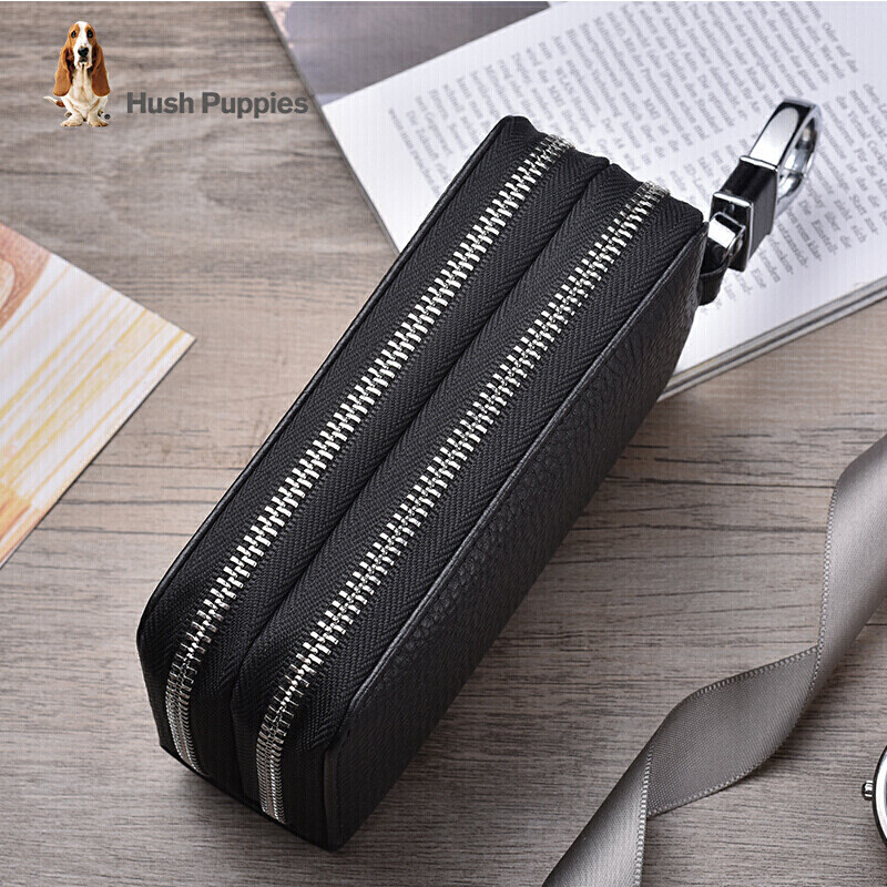 Hush Puppies Key Case for Men, Top-Grain Leather, Business Casual, Double-Layer Large Capacity Car Key Holder, Coin Purse, Birthday Gift
