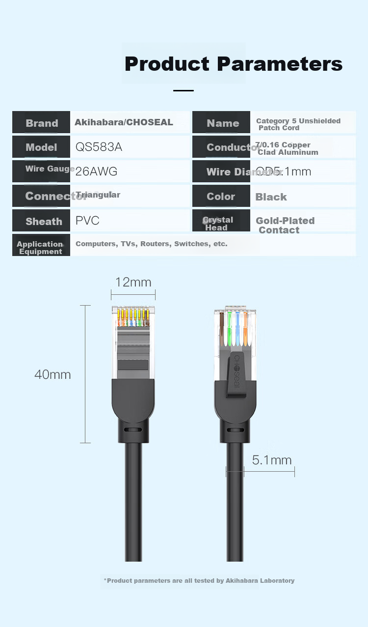 CHOOSEAL (CHOSEAL) CAT5e High-Speed Hundred-Megabit Ethernet Cable, Home And Construction Computer Broadband Connection Patch Cord Finished Network Cable, Black, 3 Meters, QS583AT3 3
