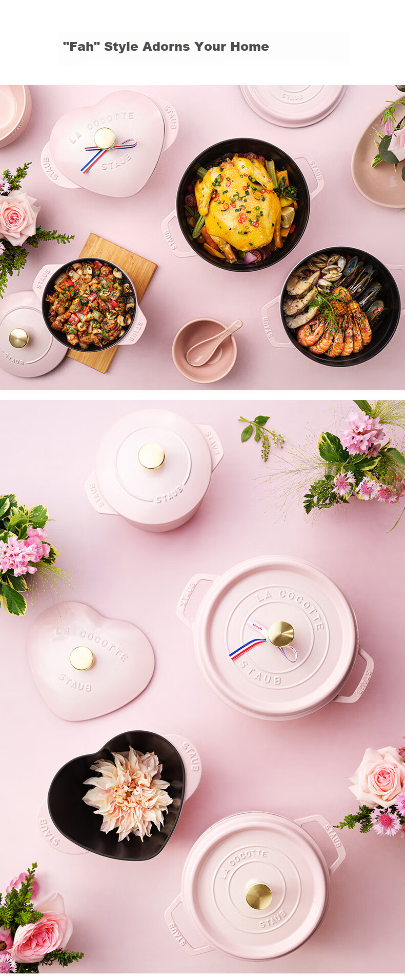 Staub French Imported Enamel Cast Iron Pot, Flat Bottom Double-Handled Soup Pot, Round Stew Pot, Mousse Rose, 24cm, 1030217 9