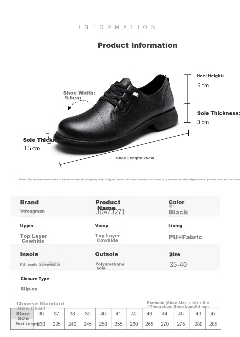 Qiangren Comfortable Soft Casual Women's Shoes, Top-Grain Leather Women's Flats, Wide Fit, Not Easy to Squeeze Feet, JDA73271, Black, Size 35 7