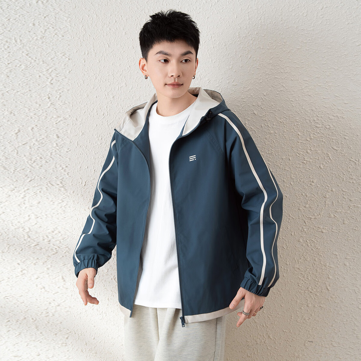 TonLion 2025 Spring Men's Jacket, Color Block Spliced Hooded Coat, Navy Blue, M