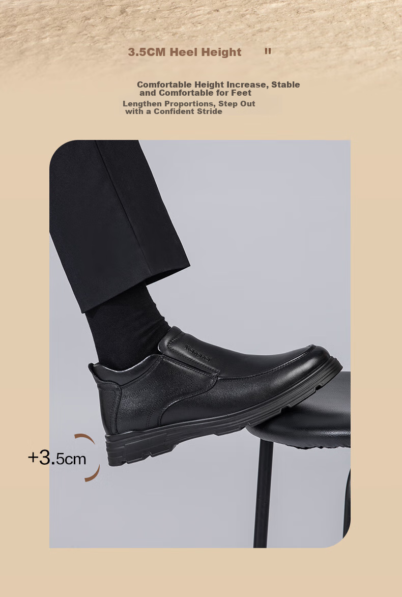Kangnai Men's Shoes, Top-Layer Cowhide, Winter Warmth, Fleece-Lined, High-Top Leather Shoes, Men's Business Casual Shoes, Black, Size 39 5