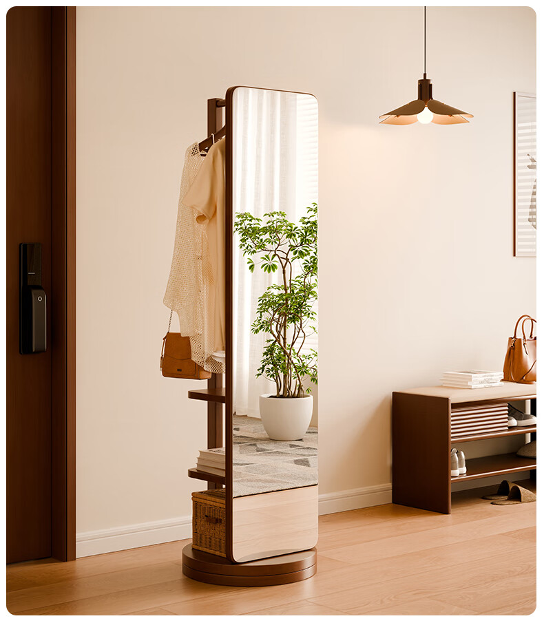 JIAYI Solid Wood Full-Length Mirror, Floor-Standing Rotating Dressing Mirror with Clothes Rack, Integrated Fitting Mirror for Home Bedroom Storage Floor Mirror 3
