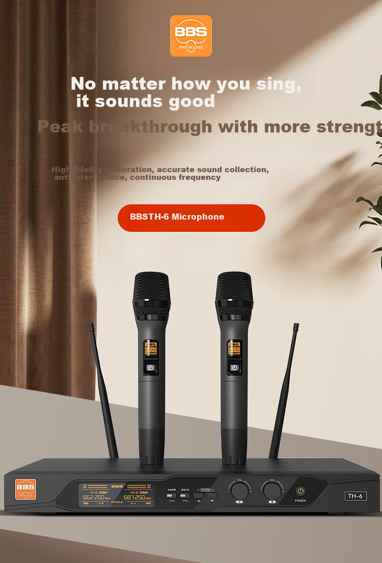 BBS Wireless Microphone, Professional U-Band Handheld Two-Channel UHF Microphone, Home Karaoke KTV Singing, Home Conference Speech, Long-Range Transmission, Stage Hosting Training TH-6 1