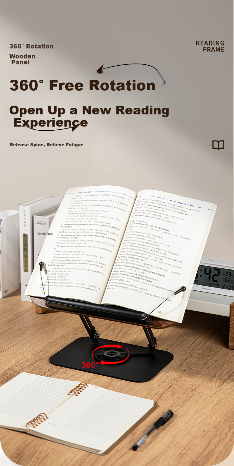 COMIX Wooden Reading Stand, 360° Rotating Support, Book And Writing Stand, Foldable Adjustable Height Multifunctional Student Desk Organizer, Children's Birthday Gift, XS-79 Brow 1