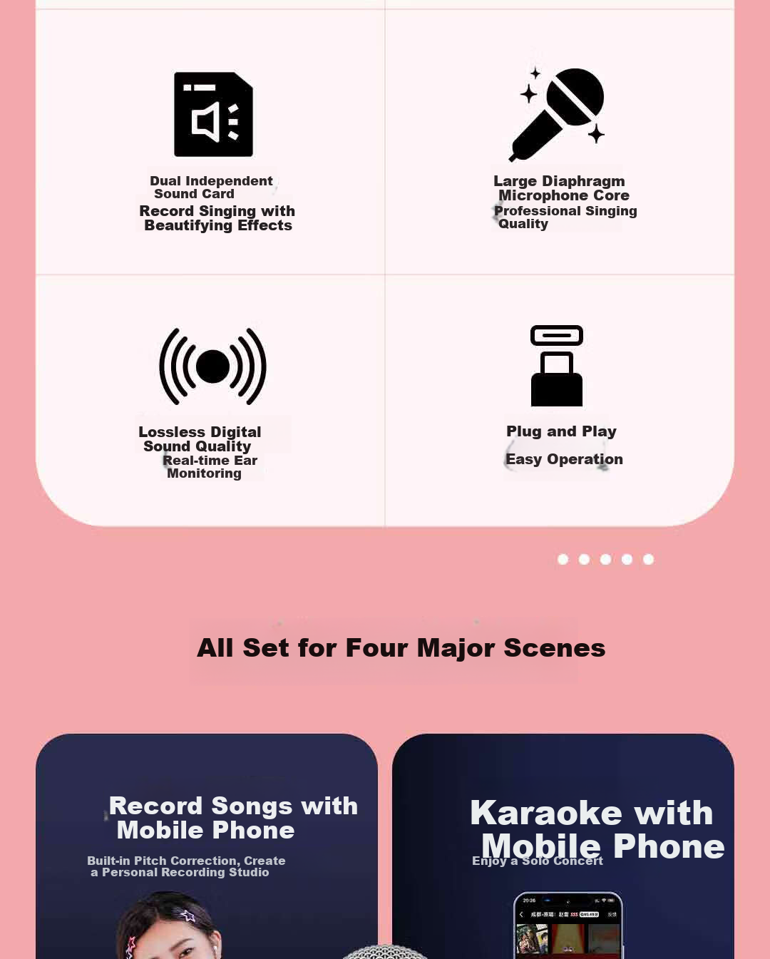 Chunmai Wireless Mobile Phone Microphone for Live Streaming Karaoke, Sound Card Recording Equipment, Pink Sweet Cone 3