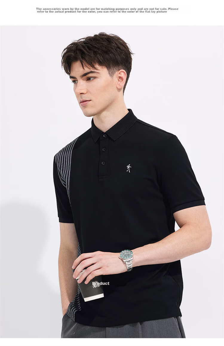 DANCING WOLVES [Cool Sensory Solona] Summer Sweat-Wicking Breathable Short-Sleeve Men's Polo Shirt, 001 Black, Size S (165cm) 6