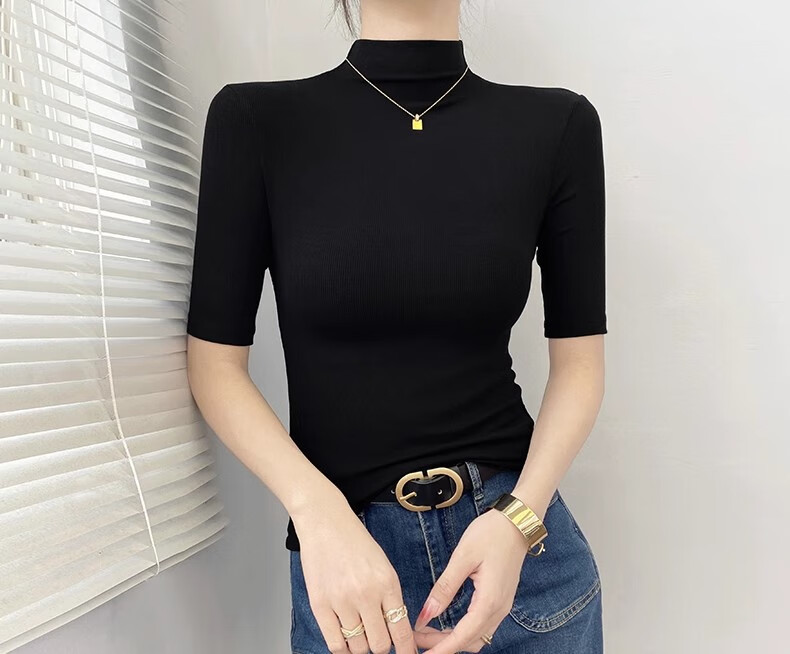 Woodpecker Women's Half Turtleneck Mid-Sleeve Base Shirt Spring Autumn T-Shirt 2025 New Slim Fit Five-Sleeve Top Black XL 4