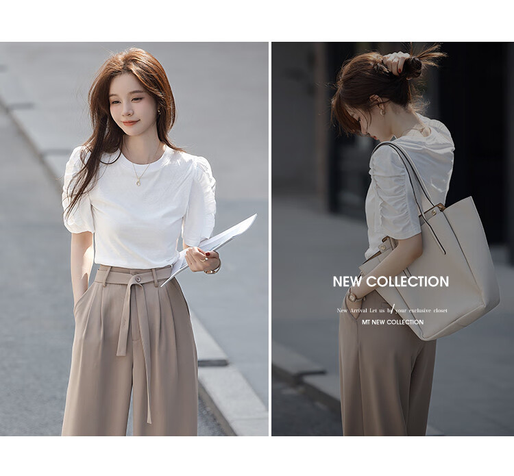 Mt [Korean Sweet Style] Summer All-Cotton Puff Sleeve Ruffle Trim Round Neck T-Shirt 15