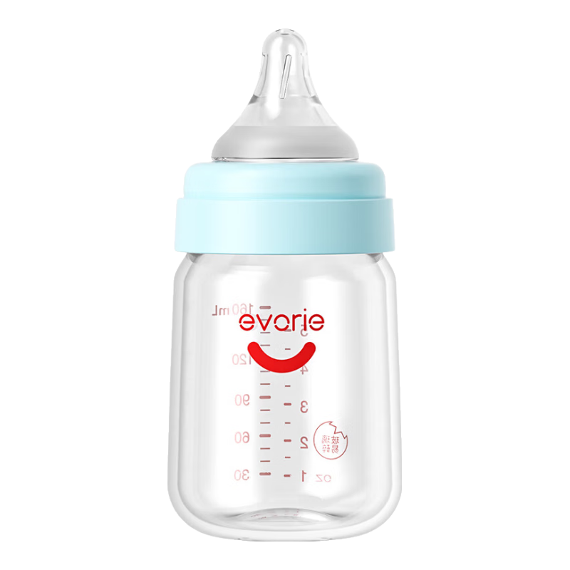 Evorie Glass Baby Bottle, Wide Neck Bottle, Infant Milk Bottle 160ml, Blue (0-3 Months+)