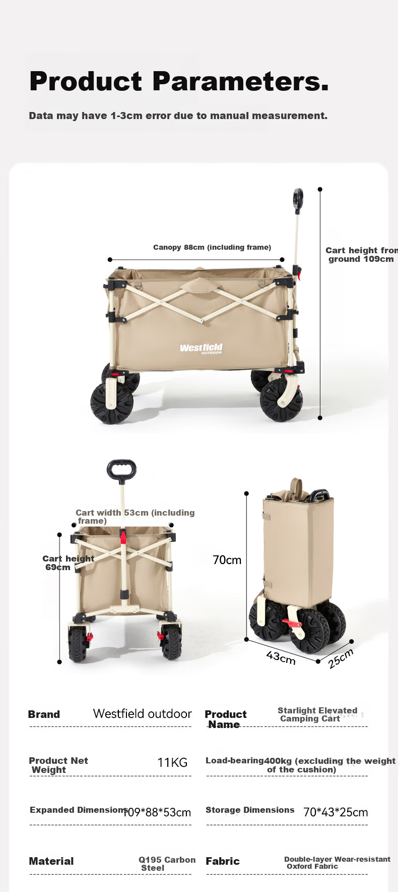 Westfieldoutdoor Folding Outdoor Camping Cart, High-Top Gathering And Heightening, Picnic Trolley, Stroller for Kids And Shopping, Pet Cart 13