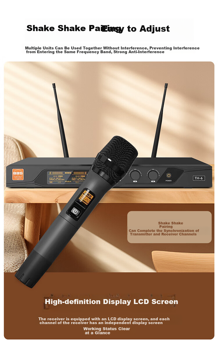 BBS Wireless Microphone, Professional U-Band Handheld Two-Channel UHF Microphone, Home Karaoke KTV Singing, Home Conference Speech, Long-Range Transmission, Stage Hosting Training TH-6 5