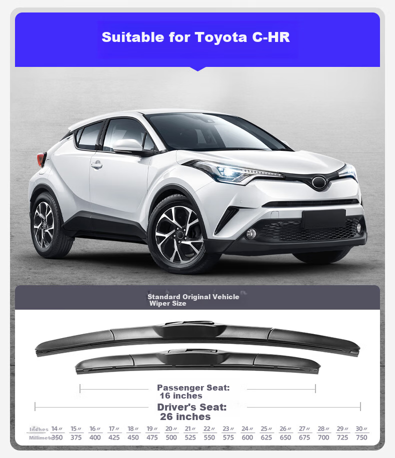 Paisu 18-26 Toyota C-HR/CHR Windshield Wipers, Original Size Boneless Wiper Blades, Rubber Strips, Silent 26+16 U-Shaped 1