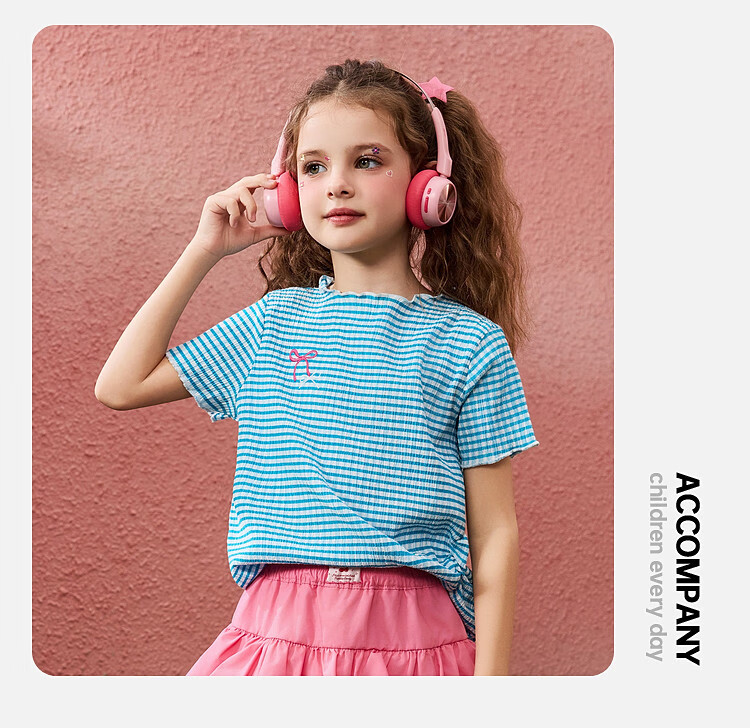 ASK JUNIOR Striped Contrast Color Children's Short-Sleeve T-Shirt, Summer Lightweight Breathable Girls' Butterfly Bow Half-Sleeve Tee, Blue, Size 120 3