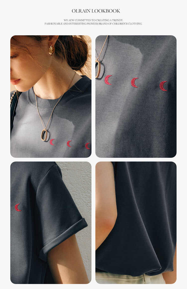 Olrain Gray Short-Sleeve T-Shirt for Women, Elegant Office Wear with Fun Embroidery Design, Gray, Size L 8