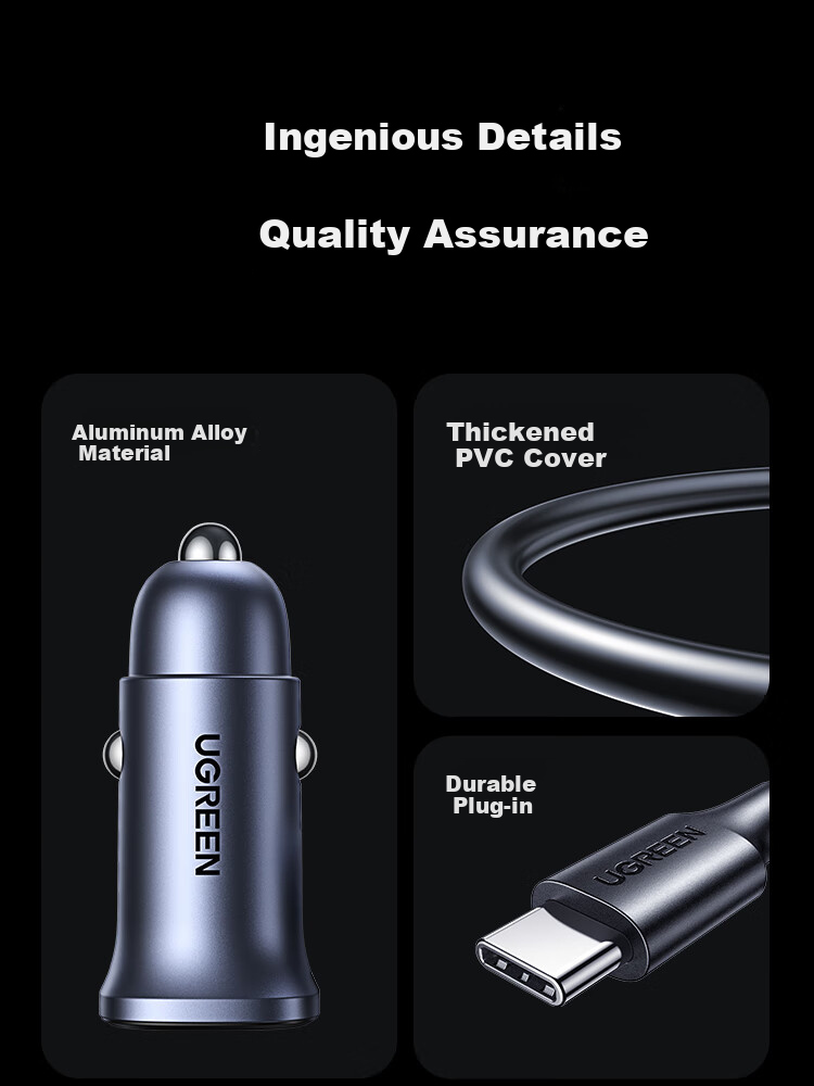 UGREEN Car Charger Set, Super Fast Charging Cigarette Lighter Adapter with Two Ports, Includes PD30W Car Charger + Dual USB Data Cable, Compatible with Apple And Huawei Phones 17