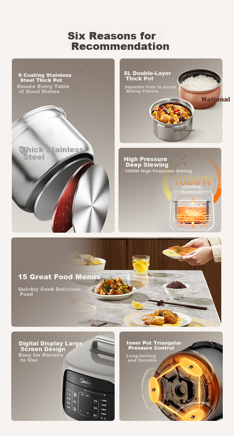 Midea Electric Pressure Cooker, 5L Dual Inner Pot, Non-Coated Stainless Steel Thick Pot, 15 Delicious Recipes, Digital Display Large Screen Design, Easy to Operate, High-Pressure Cooker MY-C5330G [ZMD Safe Series] 2